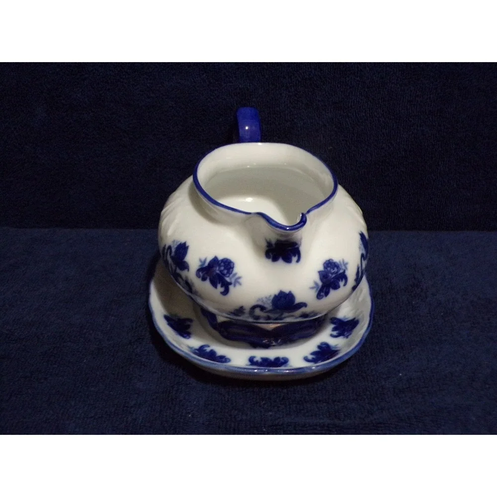Vintage Johnson Bros. Flow Blue & White Gravy‎ Boat with Flow Blue Underplate